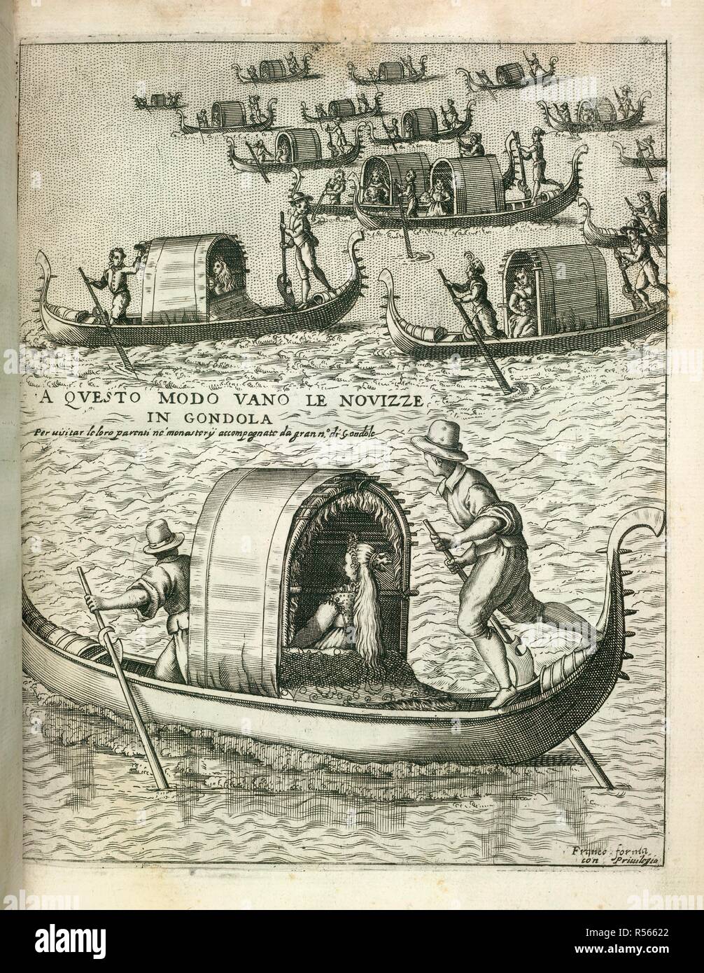 Gondeln. Habiti d'huomini Venetiane et Donne con la Prozess. [Venedig, 1609.]. Mehrere Gondeln, die jeweils ein Passagier. Bild aus Habiti genommen d'huomini Venetiane et Donne con la processione della Signoria serma et altri Particolari, cioÃ © trionfi feste et cerimonie publiche della Città di Venezia. [Platten.].. Ursprünglich veröffentlichte/in [Venedig, 1609.]. . Quelle: C.48.h.11, Nr. 13. Sprache: Italienisch. Stockfoto