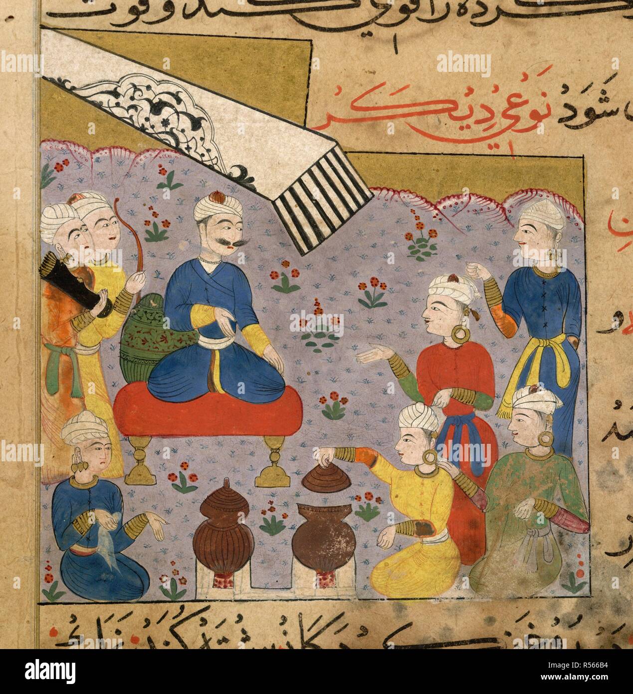 Aphrodisiakum essen. Die Ni'matnama - ich Nasir al-Din Schah. Ein Manuskript o. 1495 - 1505. Zubereitung der Nahrung für den Sultan Ghiyath al-Din. Vorbereitung der Aphrodisiakum essen. Ghiyath Shahi aus Türen Überwachung seiner Köche, von denen einer einen Topf Deckel. Abschnitt über Essen als Aphrodisiakum. Opak Aquarell. Sultanat Stil. Bild von der Ni getroffen bin atnama - ich Nasir al-Din Schah. Ein Manuskript auf der indischen Kochkunst und die Vorbereitung von Süßigkeiten, Gewürze etc. Ursprünglich veröffentlichte/im Jahre 1495 - 1505. . Quelle: I.O. Islamische 149, f 133 v. Sprache: Persisch. Stockfoto