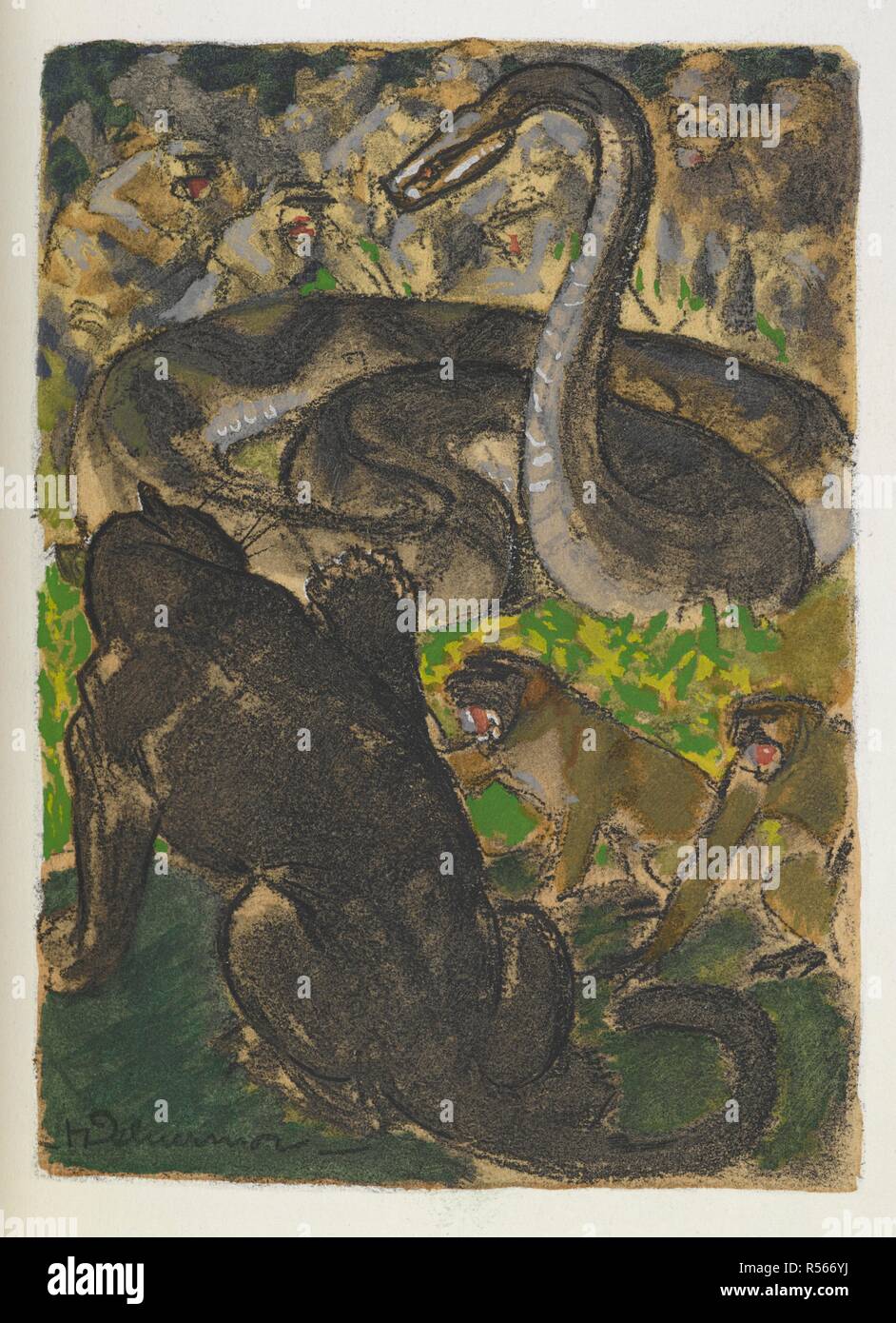 Eine große Katze, vielleicht Baghira der Panther, kämpfen eine Schlange, während die Affen beobachten. Zweiten Le Livre de la Jungle. Traduction de Louis Fabulet et Robert d'HumieÌ € res. Paris, [1899]. Quelle: Datei 617 gegenüber Platte 64. Autor: Kipling, Rudyard. Stockfoto