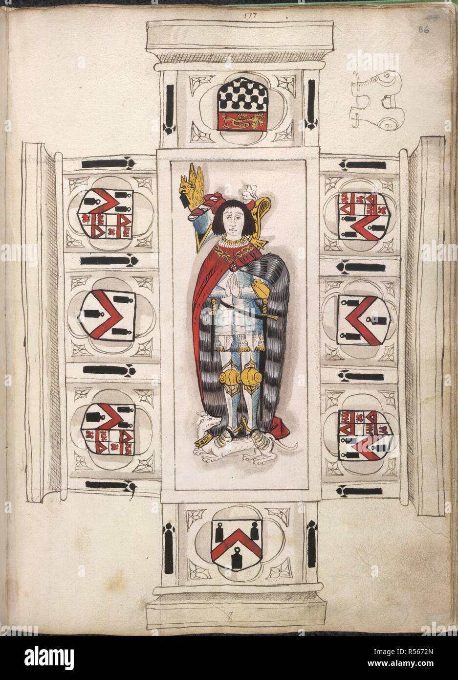 Sir Stephen Jenyns, d 1524 Herr Bürgermeister von London 1508: heraldische Zeichnung seiner Bildnis: 16 Cent. . WRIOTHESLEY heraldischen Sammlungen. Die Zeichnungen der Figuren und Gräber des englischen Adels mit ihren Waffen (hauptsächlich in Trick), in Form von knienden Figuren in armorial Kleid (vgl. Buntglasfenstern) oder von liegende Figuren von Wappen umgeben. 1463-1531. Quelle: Hinzufügen. D-45131 w.86. Stockfoto