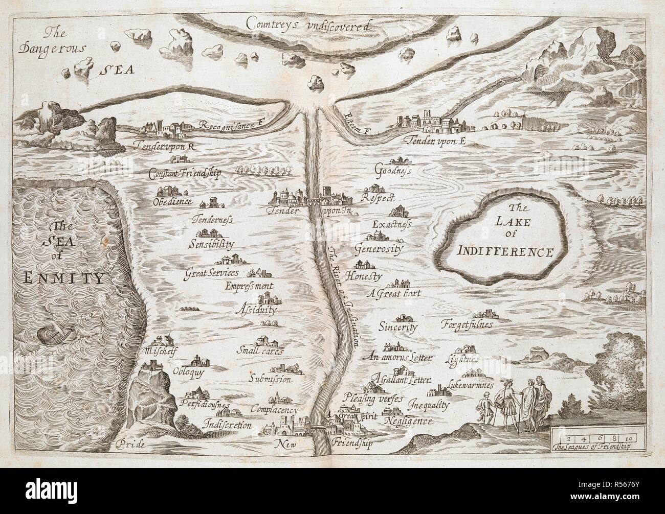 Karte von "Land der Zärtlichkeit". Clelia. Ein exzellentes neues Romantik, etc. [Pt. 1-3 von J. Davies, Pt übersetzt. 4, 5 von G. Havers.]. London, 1678. Kupferstich. Quelle: 837. m.20, vor Seite 1. Stockfoto