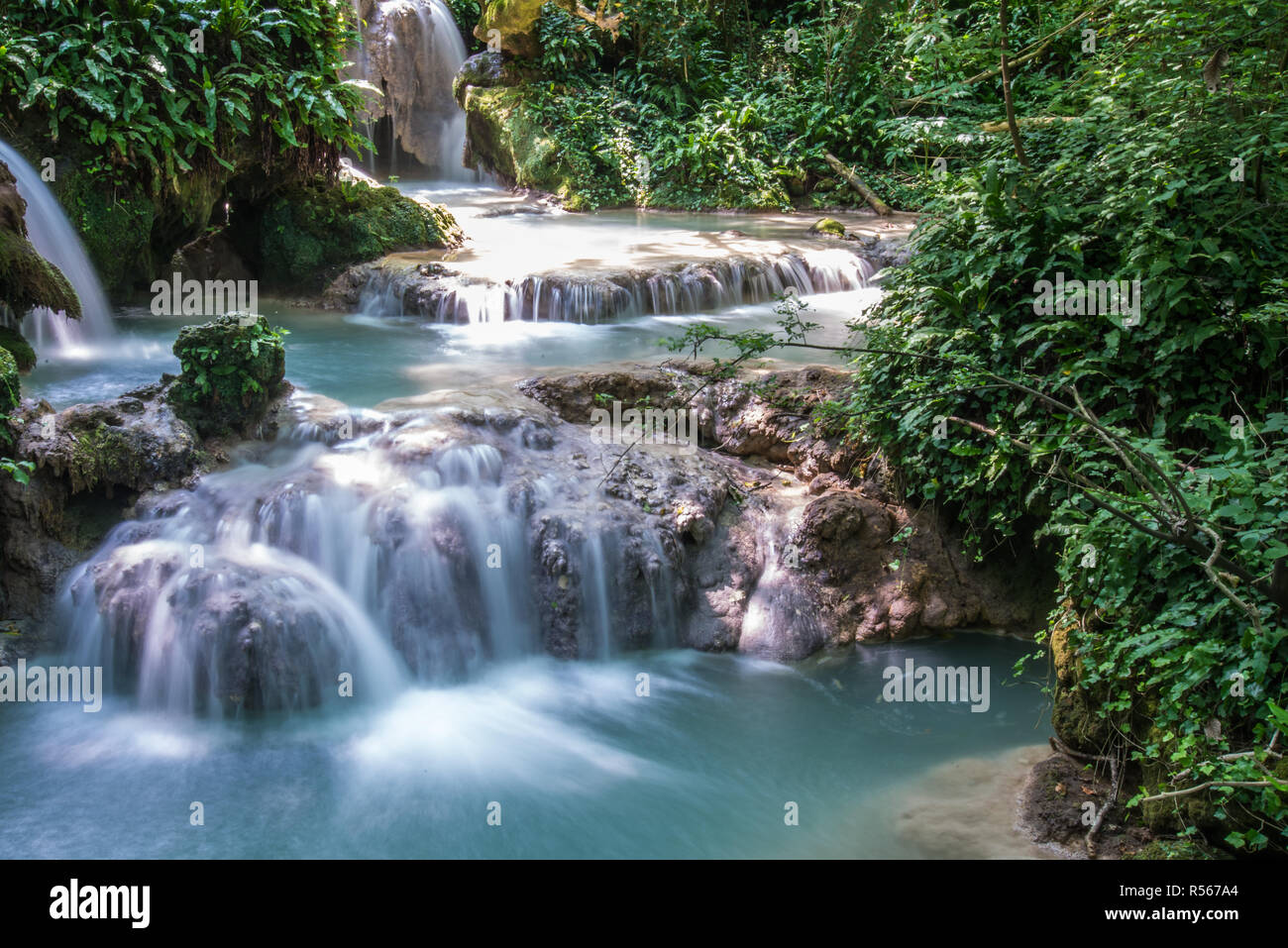 Schöne stream Wasserfällen über Pretty Green Moos bedeckt Steine Stockfoto