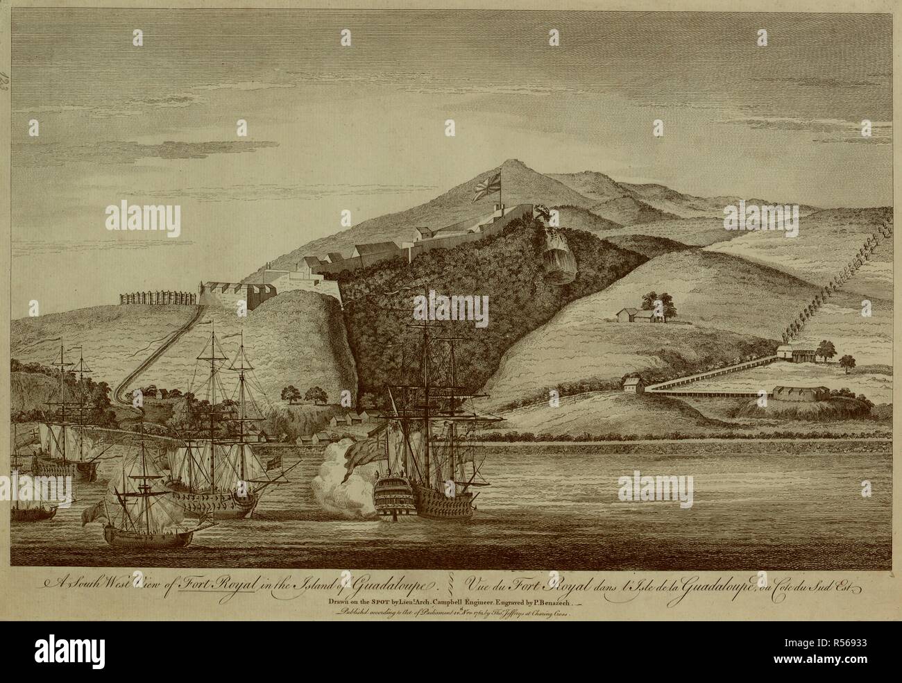 Vier britische Schiffe in der Nähe der Südküste von Guadeloupe während des Siebenjährigen Krieges im Vordergrund, mit Straßen, die zu einem Fort oben auf den Hügeln im Hintergrund. Ein South West View von Fort Royal auf der Insel Guadeloupe. [London]: Veröffentlichen "nach dem Gesetz des Parlaments 10. th Nov. r 1762, die von Tho. s Jefferys im Charing Cross, [10 November 1762]. Ätzen und Gravieren. Quelle: Karten K. Top. 123.92. a. Sprache: Englisch und Französisch. Autor: Campbell, Oberstleutnant. Archibald. Stockfoto