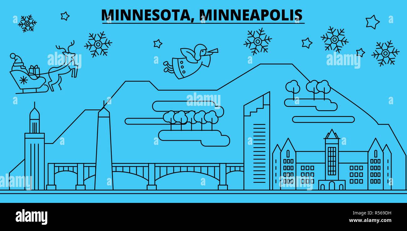 Usa, Minneapolis Winterurlaub Skyline. Fröhliche Weihnachten, Frohes Neues Jahr eingerichteten Banner mit Santa Claus. Usa, Minneapolis lineare Weihnachtsstadt Vektor flachbild Abbildung Stock Vektor
