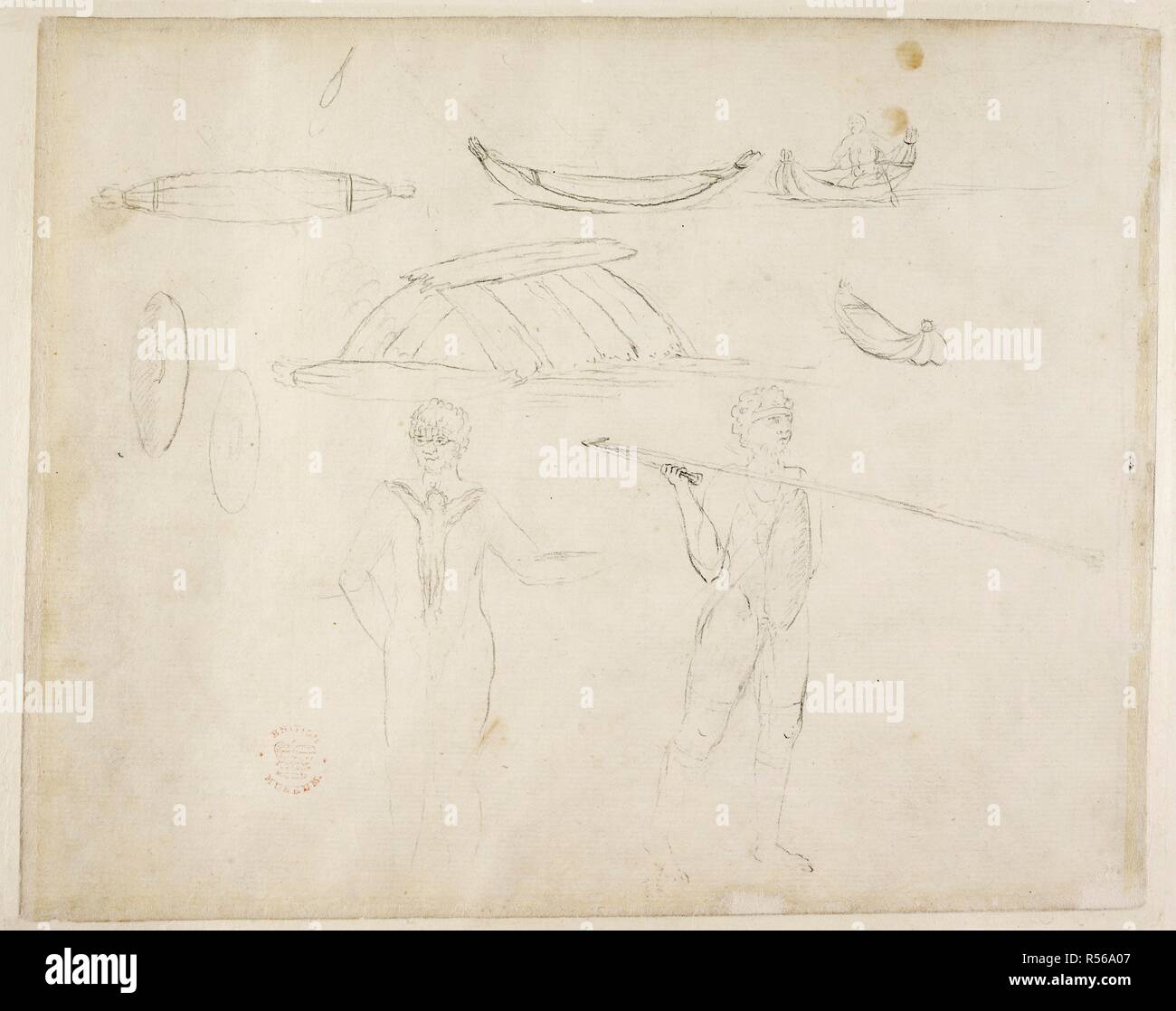 Zwei Aborigines und Kanus. Skizzen in Captain Cook's erste Reise, 1768. 1770. [Ganzen] Zwei Aborigines; eines mit Markierungen auf der Brust und auf den Schultern, die wie ein Kruzifix. Die anderen Aborigines stößt ein Speer aus einem Speer-werfer mit seiner rechten Hand, und halten ein Schild mit seiner Linken. Andere Skizzen gehören zwei Schilde; eine Bark Hut; vier Rinde Kanus, eines mit einer Aborigine paddeln. Skizzen wahrscheinlich an der Botany Bay, April 1770 Bild aus Skizzen in Captain Cook's erste Reise, 1768-1771 getroffen wurden. Ursprünglich veröffentlichte/1770 produziert. . Quelle: Hinzufügen. 9. Stockfoto