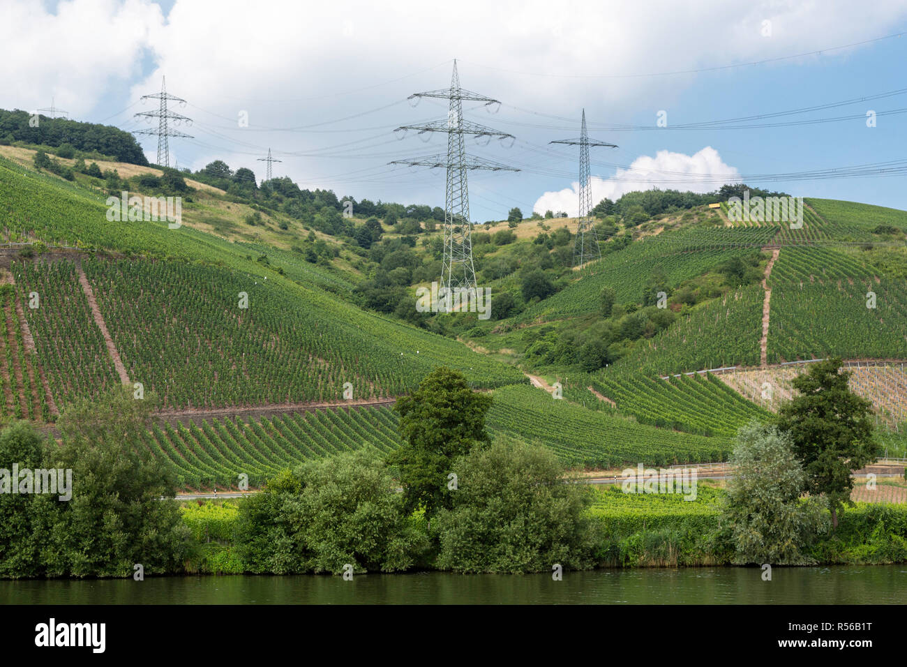 Deutschland. Elektrische Stromleitungen Kreuz Weinberge an steilen Hängen entlang der Mosel zwischen Trier und Riol. Stockfoto