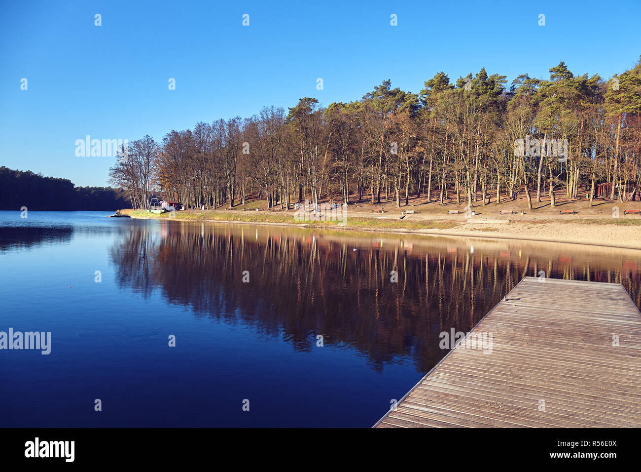 See mit Bäumen im Wasser spiegelt, Farbe getonte Bild. Stockfoto