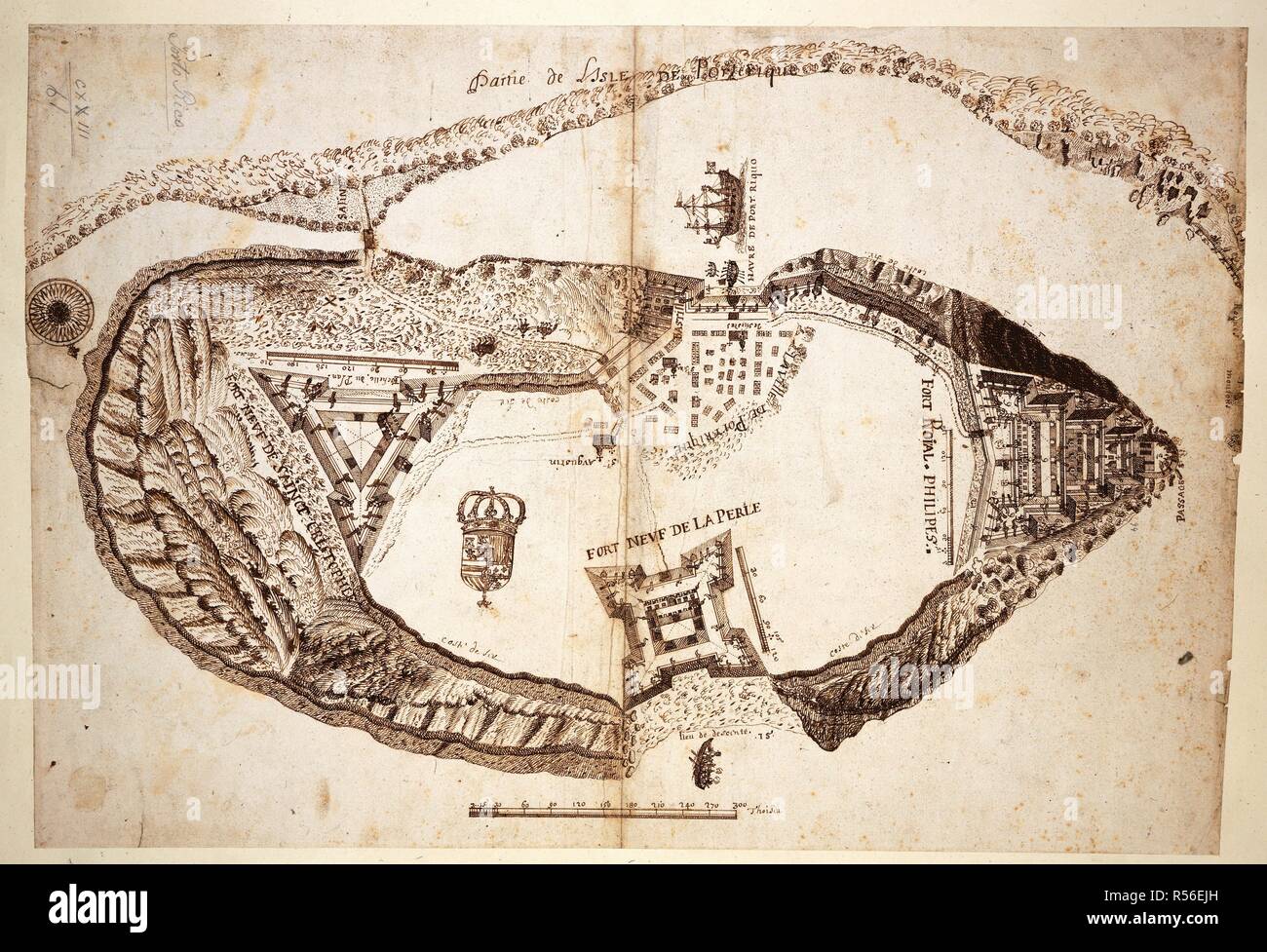 Ein Manuskript Karte von San Juan in Puerto Rico. Plan de la Ville et de Porterique Befestigungsanlagen. [Frankreich?]: [Produzenten nicht identifiziert], [zwischen 1625 und 1640.]. Quelle: Karten K. Top. 123.61. Sprache: Französisch. Stockfoto