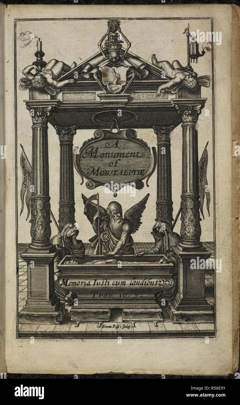 Titelseite ein Denkmal der Mortalitie. Abbildung. Gravur. Motto. Grab. Klassische Architektur. Leichenpredigt und religiösen schreiben. . Ein Denkmal der Mortalitie. London, 1612. Ein Denkmal der Mortalitie. (Ein Erwachen der Weltmenschen.- Meditationen der Trost. - Komfortable Überlegungen, die Vorbereitung der Sicke für ein HAPPIE ändern. - ein Spiegel der Modestie, Masseschluß am 1. Pet. Kap. 3. ver. 3., 4. und persönlich angewendet vpon iust Anlass, M.D. Arzt in Diuinity. [Eine Grabrede auf Anna Rechnung.] - schösschen ModestiÃ ¦, die Vaile von Modestie, die Geweihten, die gesegnet, und beloued Speicher von Mistris Stockfoto