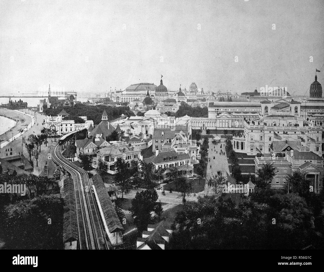Blick auf den Gebäuden auf dem Gebiet der Weltausstellung 1893, Übersicht, historische Schwarzweiß-Fotografie, Chicago, USA Stockfoto