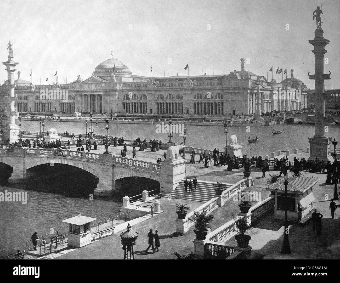 Gebäude auf dem Gebiet der Weltausstellung 1893, landwirtschaftliche Gebäude, historische Schwarzweiß-Fotografie, Chicago Stockfoto