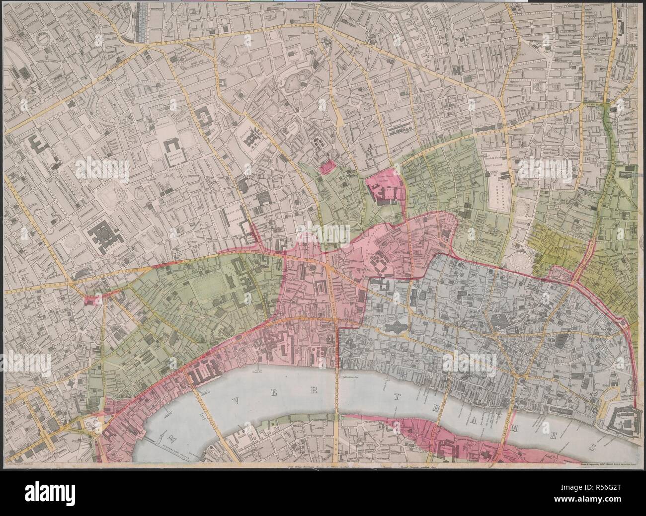 Einen Stadtplan von London, die Pentonville Road, Grays Inn Road, High Holborn, The Strand, Fleet Street, Cannon Street und der Tower von London. London/zusammengestellt und von Edward Weller F. R.G. eingraviert S., 34 Red Lion Square. London: Cassell, Peter, & Calpin, Belle Sauvage Hof, Ludgate Hill, E.C., [1861-63] veröffentlicht. Erläuterung der Symbole in Rand unten rechts. Fluss, Eisenbahnen und Hauptstraßen gefärbt; Stationen in Farbe abgebildet; Stadt London rot umrandet. 1 Karte: Hand col. ; 137 x 186 cm; Scale [Ca. 1: 6.850]. Quelle: Karten Crace Port. 7.271 Teil B. Autor: Cassell, Petter Stockfoto