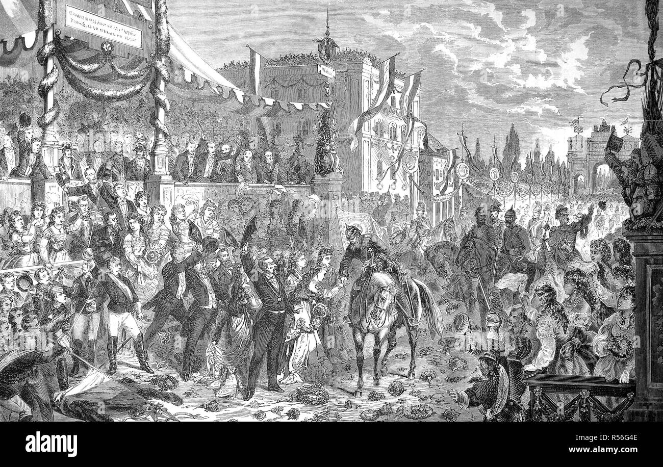 Der Sieg der bayerischen Truppen in München am 16. Juli 1871, Begrüßung des Kronprinzen des Deutschen Reiches an der Stockfoto