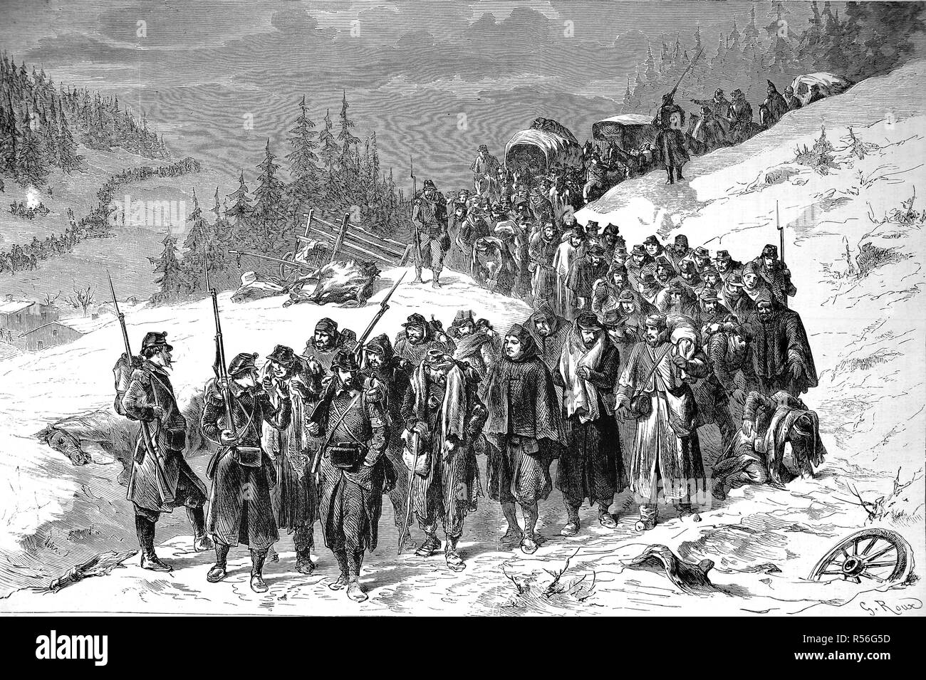 Begleitung der französischen Soldaten durch die Schweizer Armee in den Neuenburger Jura am 3. Februar 1871, Schweiz, digital verbessert Stockfoto