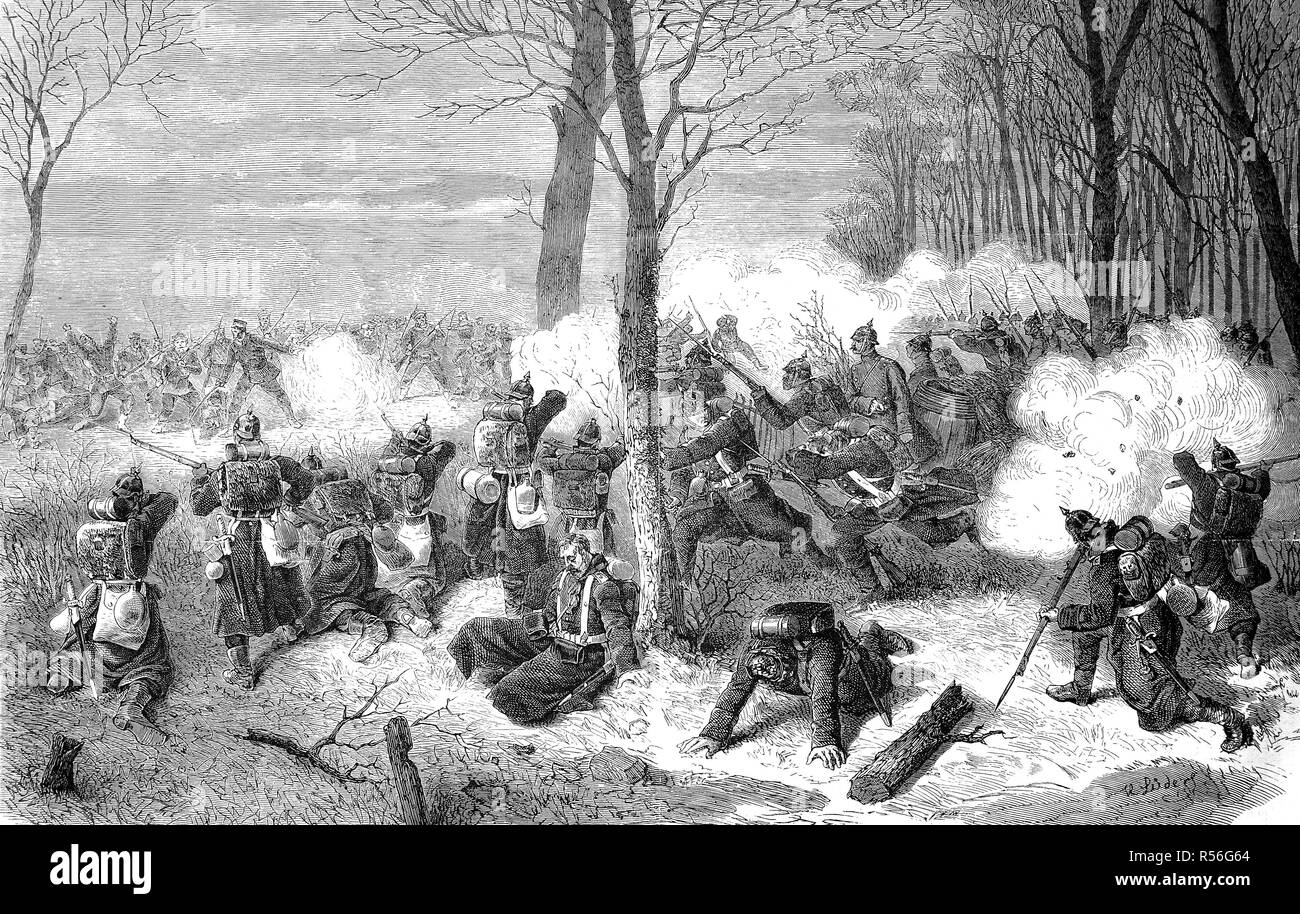 Verteidigung von Le Bourget gegen die Schlacht um die französische Marine in der Schlacht am 21. Dezember, den deutsch-französischen Krieg 1870/71, Holzschnitt Stockfoto