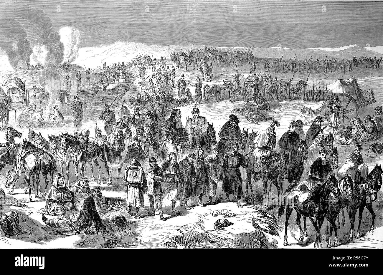 Die Entwaffnung der Truppen der Bourbacian Armee bei Les Verrieres in Schweizer Hoheitsgebiet am 2. Januar 1871, den deutsch-französischen Krieg 1870/71 Stockfoto