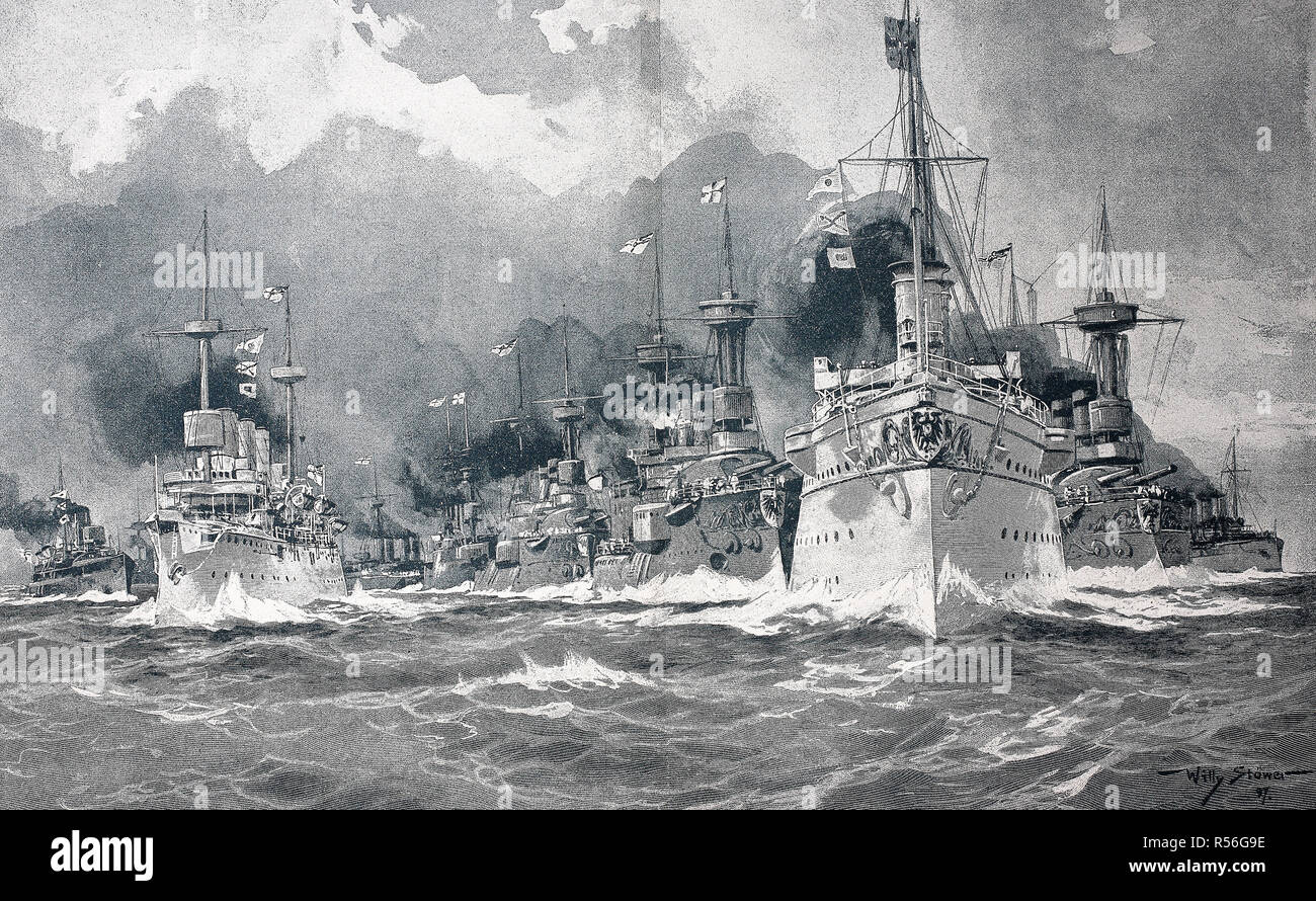 Deutsche Kriegsschiff, nach einem Gemälde von Willy Stoewer, 1880, Holzschnitt, Deutschland Stockfoto