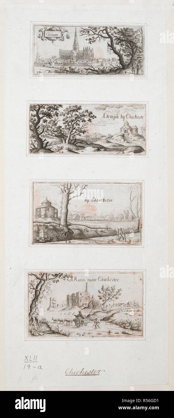 Vier kleine Views: Chichester. Zwei Zahlen, um einen grossen Baum auf der rechten Seite im Vordergrund; die Stadt Chichester in der Ferne; der Stadtmauer durch die Szene läuft; Chichester Cathedral in die Mitte des Bildes. Chichester. c. 1660. Quelle: Karten K. Top. 42.19. a.1. Sprache: Englisch. Autor: Dunstall, John. Stockfoto