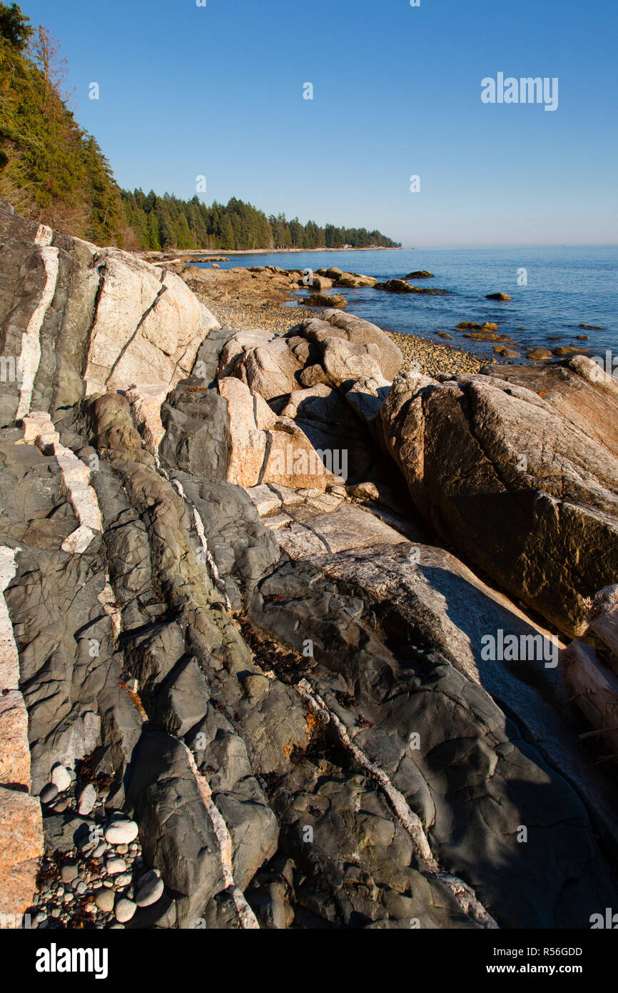Diabas Deich Intrusion, Browning Strand, Sechelt, British Columbia, Kanada Stockfoto