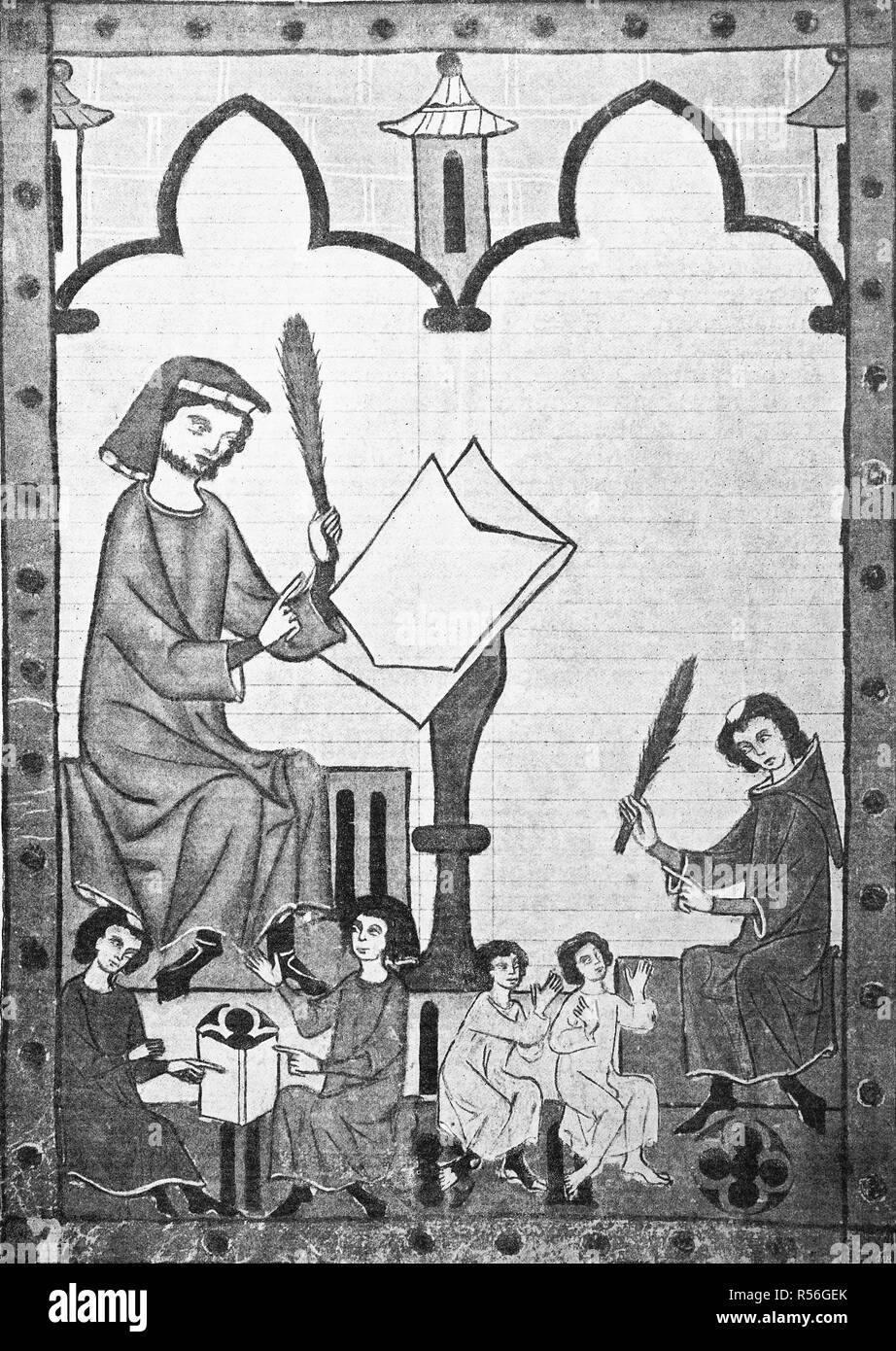 Lehrer und Kind im Mittelalter aus dem Codex Manesse, Codex Manesse, oder Große Heidelberger Liederhandschrift, 1250 Stockfoto