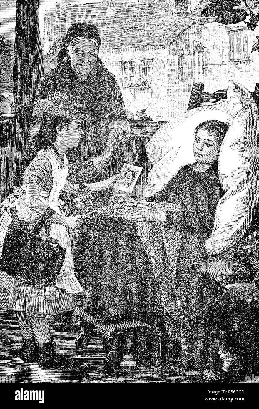 Besuch der kranken Freund, Mädchen besuchten die Freundin und brachte ihr ein Bild Der heilige Bild und Blumen, 1880, Holzschnitt Stockfoto