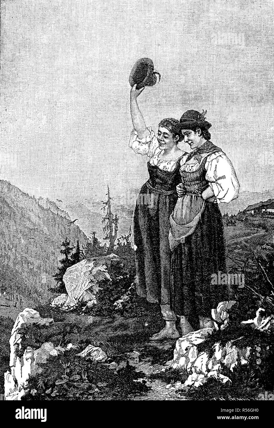 Gruß von der Alm, zwei Frauen im Dirndl auf einem Berg Pfad und den Blick in das Tal, Bayern, 1880 Stockfoto