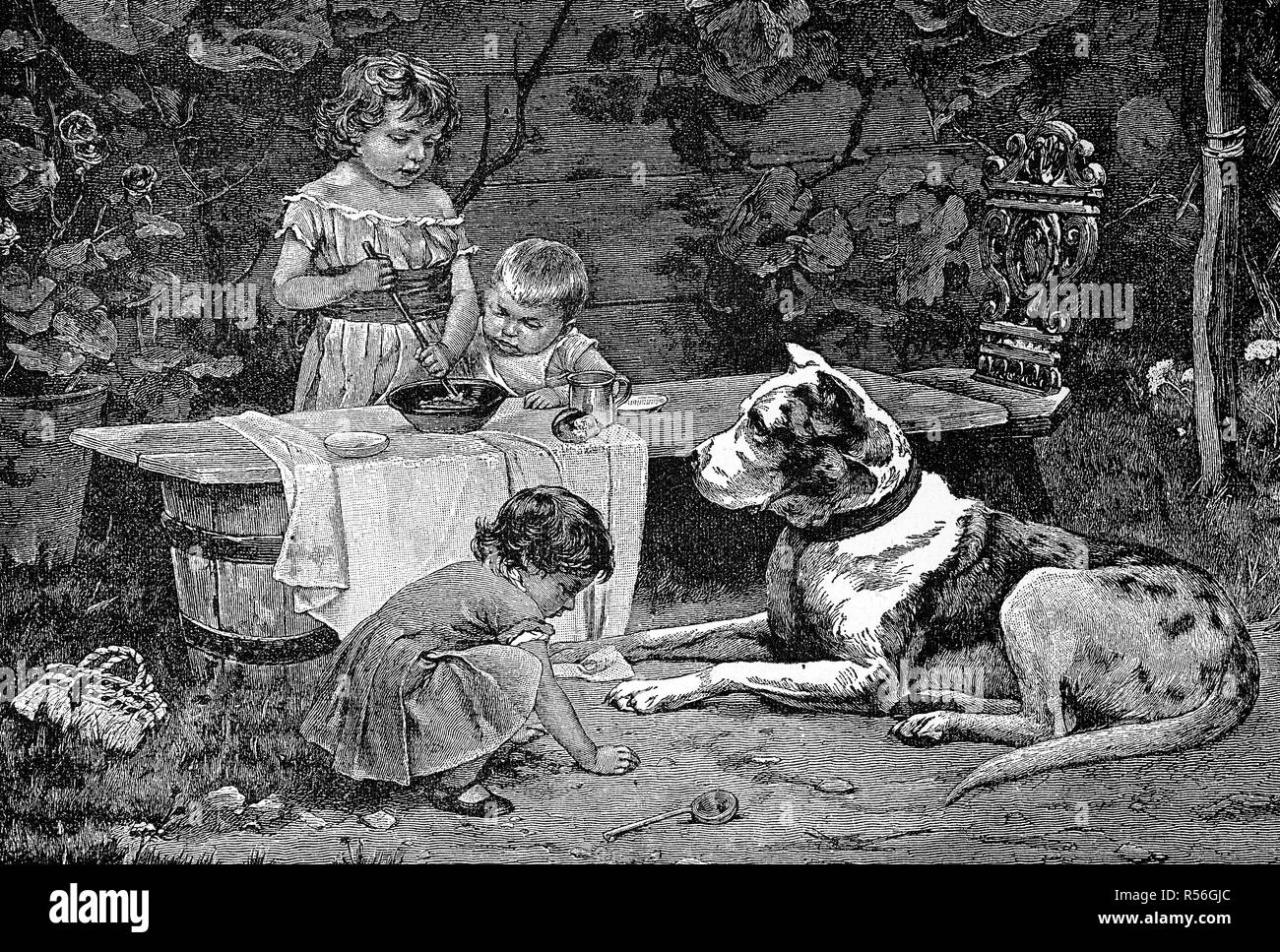 Drei Kinder spielen im Garten und ein großer Haushund aufpaßt, 1880, Holzschnitt, Deutschland Stockfoto