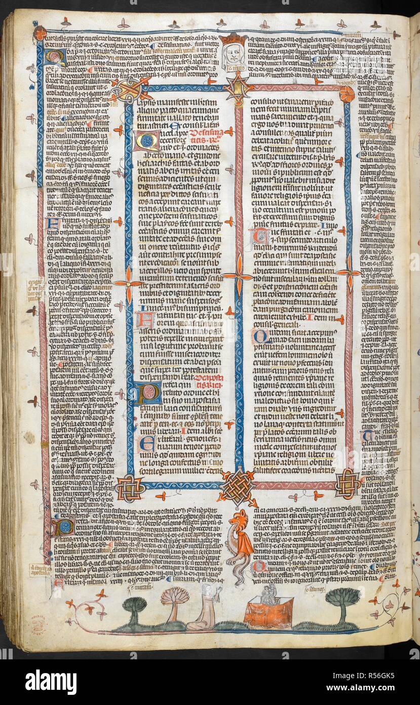 Ein Bas-de-Seite Szene einer Frau kniend vor ein Bild der Jungfrau Maria und Kind. Decretals von Gregor IX mit Glossa o (der "mithfield Decretals"). Frankreich, S. (Toulouse?); im letzten Viertel des 13. Jahrhunderts oder 1. Quartal des 14. Jahrhunderts. Quelle: Royal 10 E.IV, w.269 v. Sprache: Latein. Autor: Raymond von PeÃ±afort, Editor. Bernhard von Parma, glossator. Stockfoto