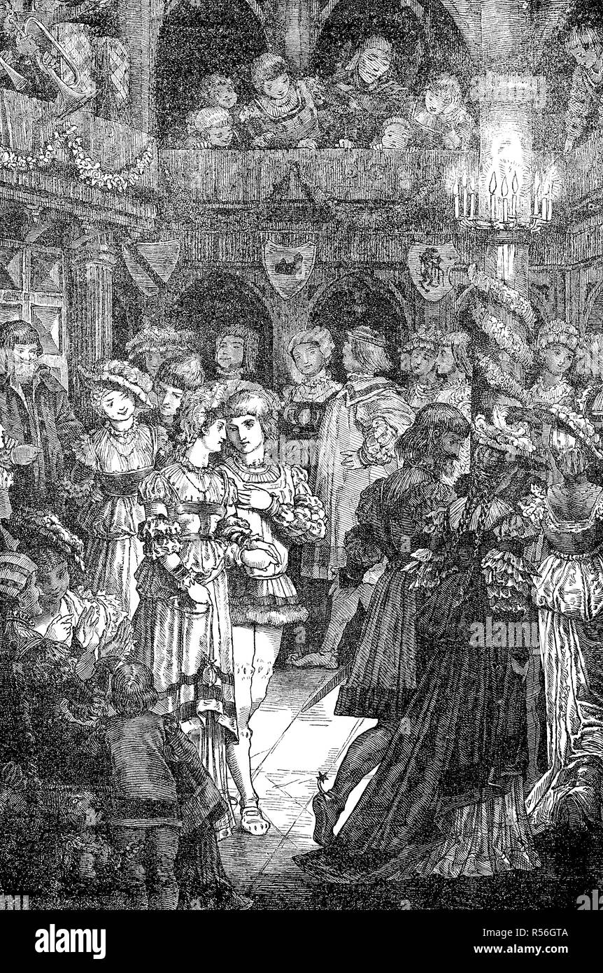Spiel- und Tanz im Mittelalter, Kugel, Ereignis, 1880, Holzschnitt, Frankreich Stockfoto