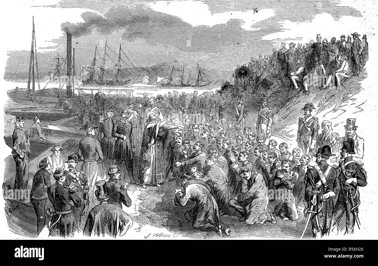 Krimkrieg, Ankunft der russischen Kriegsgefangenen in Toulon, 1856, Holzschnitt, Frankreich Stockfoto