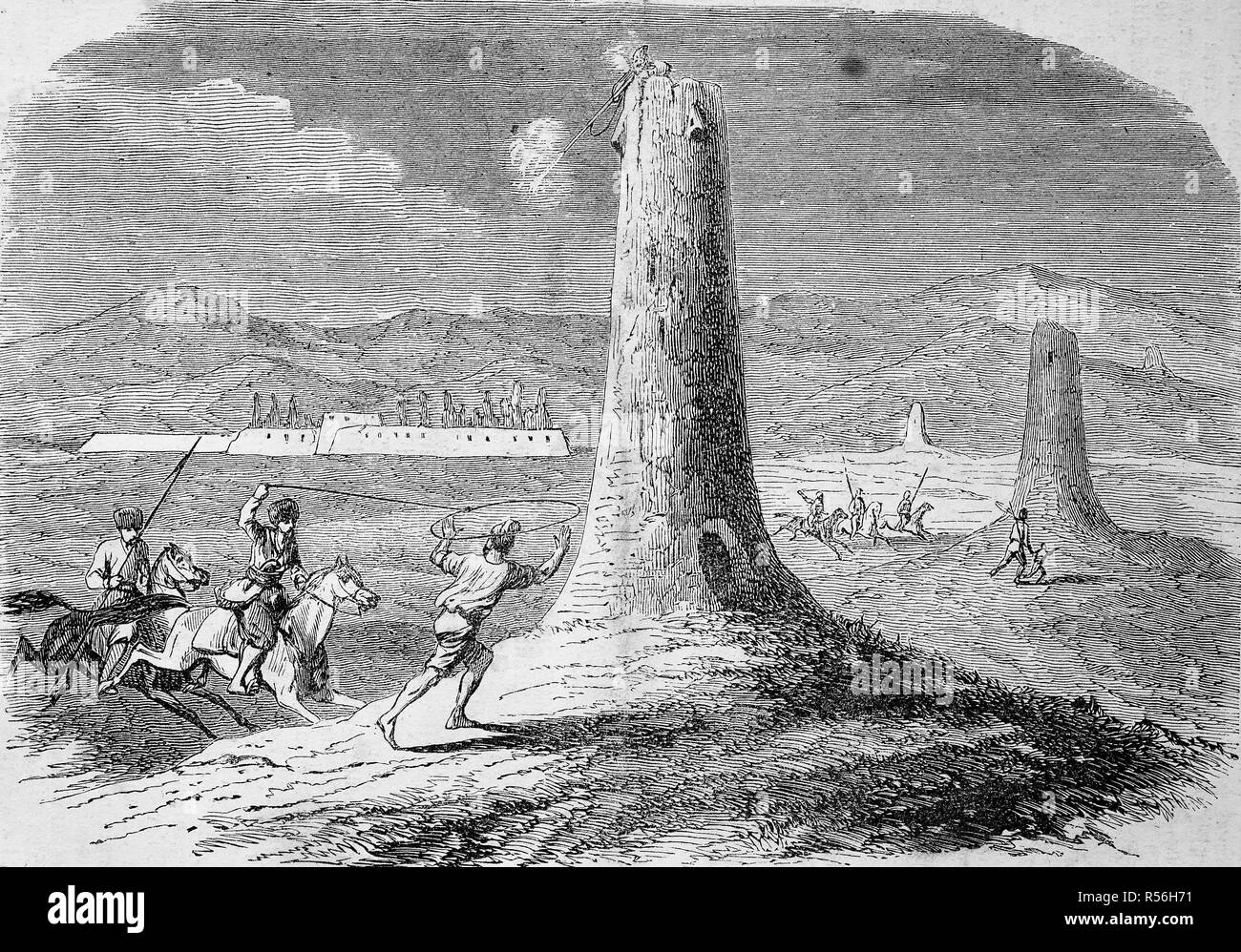 Verfolgung der Perser durch die Turkmenen, 1855, Holzschnitt, Iran Stockfoto