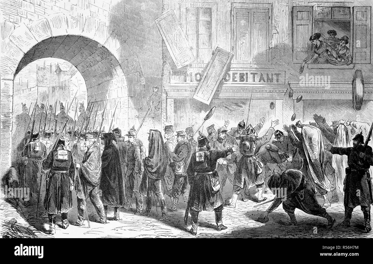 Abfahrt der französischen Kriegsgefangenen von Sedan am 2. September, den deutsch-französischen Krieg 1870/71, Holzschnitt, Frankreich Stockfoto