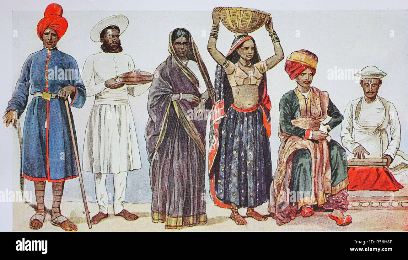Bekleidung, Mode in Indien in der modernen Geschichte, von links, ein Mann, eine Bombay Bombay Bombay Diener, Frau, dann ein Niedriglohnsektor Stockfoto