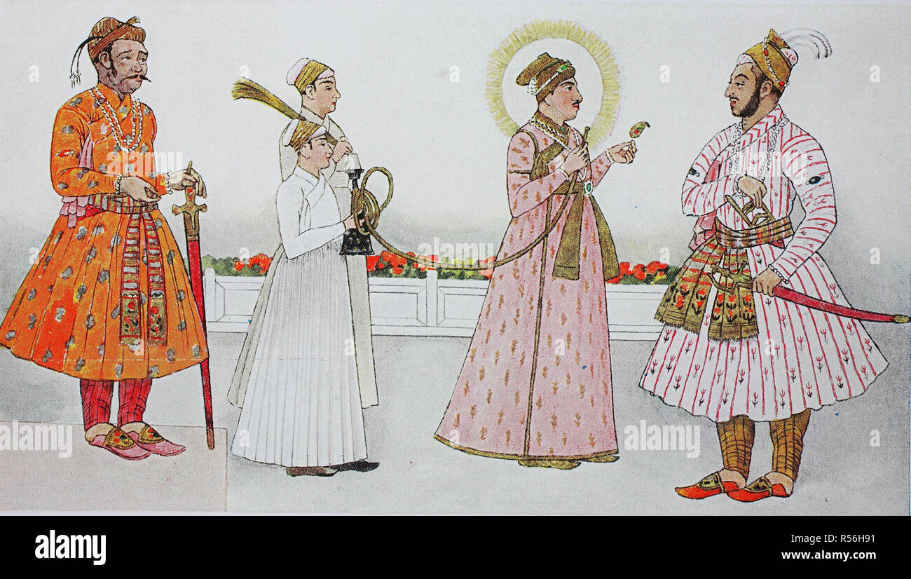 Bekleidung, Mode in Indien, von 1600-1800, von links, ein Herrscher von Dehli im 17. Jahrhundert, dann die Großmoguls von Indien, Stockfoto