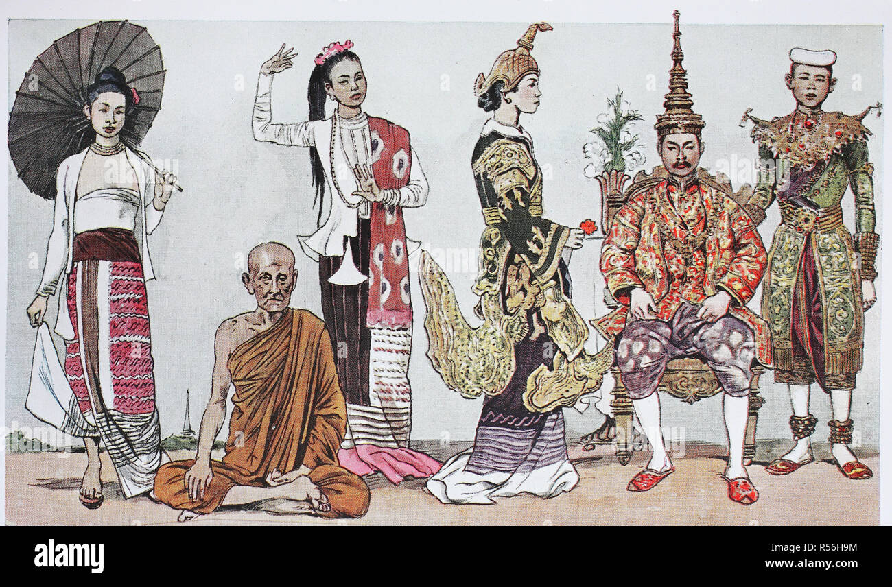 Kleidung, Mode in Burma und Siam, von links, eine Dame aus Mandalai, ein buddhistischer Priester und einer Tänzerin aus Burma, dann die Stockfoto