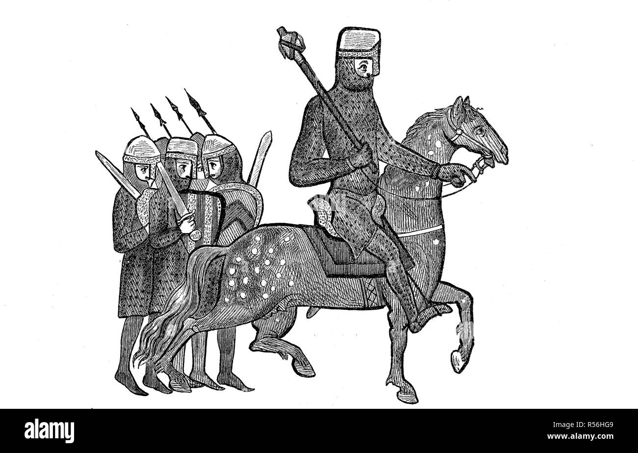Ritter mit Gefolge, Illustration aus dem Jahr 1190, aus dem Manuskript der Jahrbücher von Genua Anfang im 12. Stockfoto