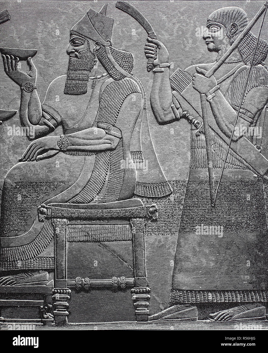 Ashur-Nasir-pal II. auf dem Thron, Ashur ist Wächter des Erben, des Königs von Assyrien von 883 bis 859 v. Chr., historische Fotografie Stockfoto