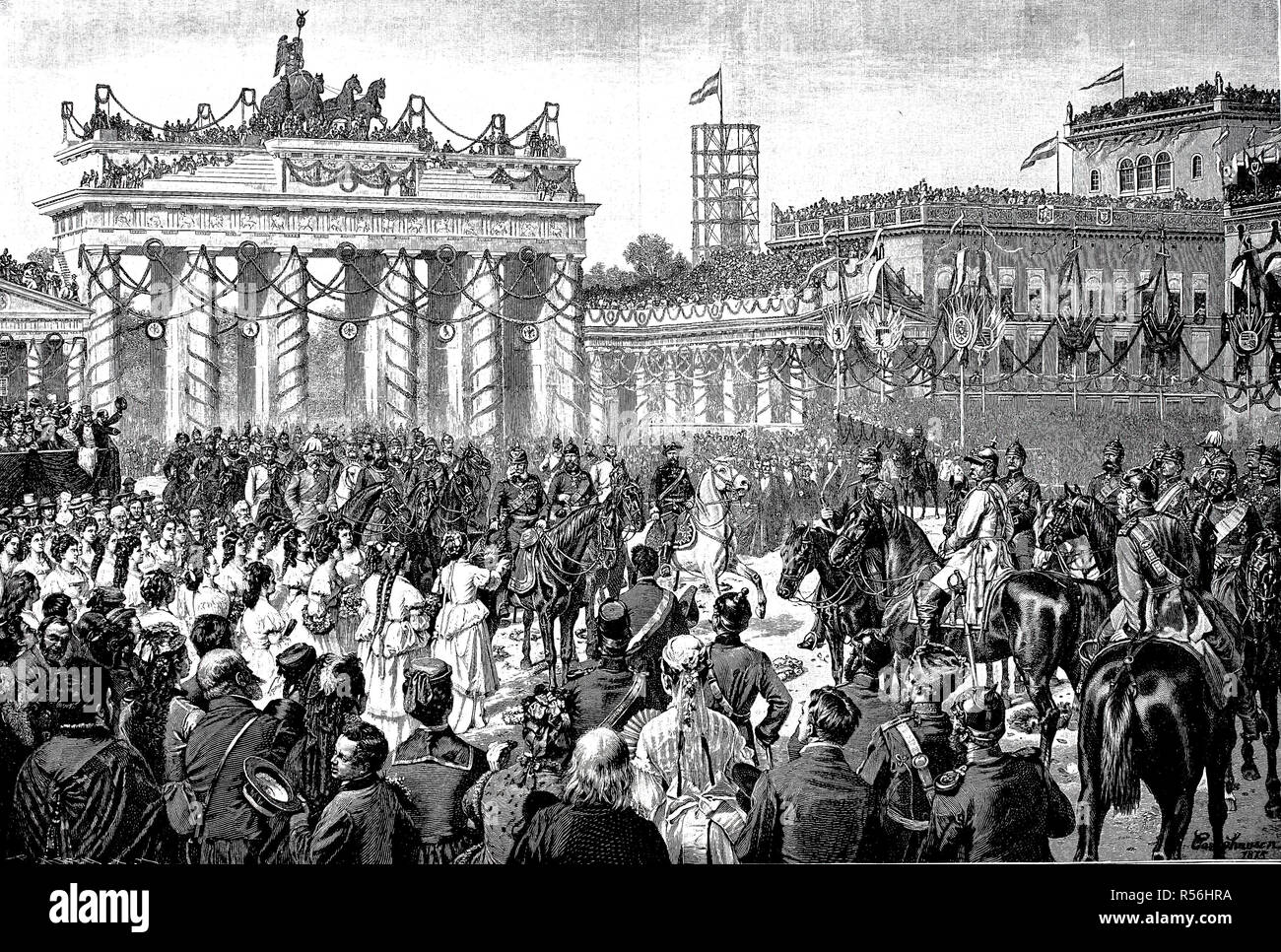 Der Kaiser ist durch die ehrenamtlichen Jungfrauen auf seinen Eintritt in Berlin begrüßte am 16. Juni 1871, am Brandenburger Tor, Holzschnitt Stockfoto