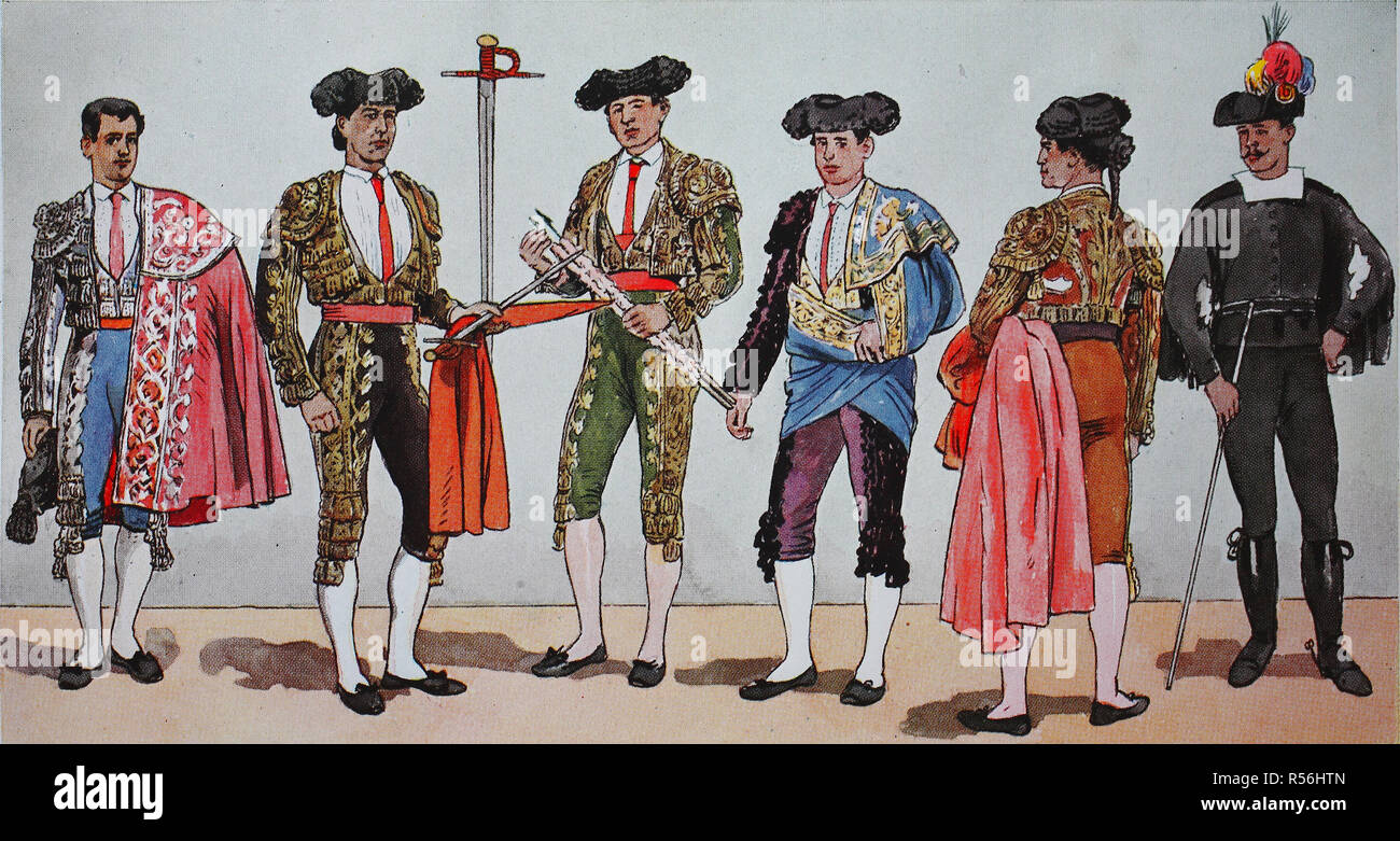 Menschen in traditionellen Kostümen, Mode, Kleidung in der Stierkämpfe in Spanien für moderne Geschichte, Illustration, Spanien Stockfoto