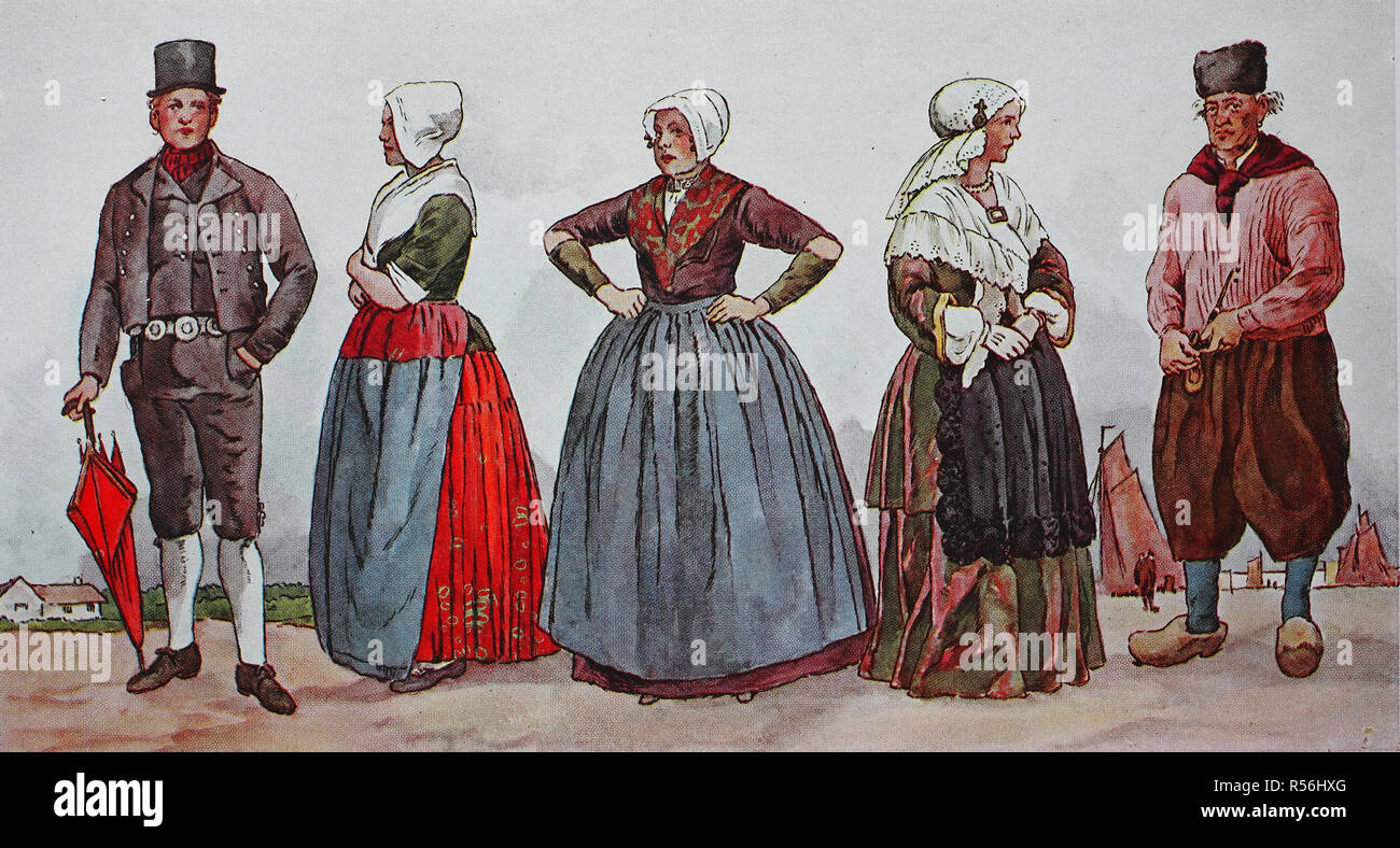 Menschen in traditionellen Kostümen, Mode, Kostüme, Kleider, in die  Niederlande ca. aus dem 19. Jahrhundert, Illustration, Niederlande  Stockfotografie - Alamy