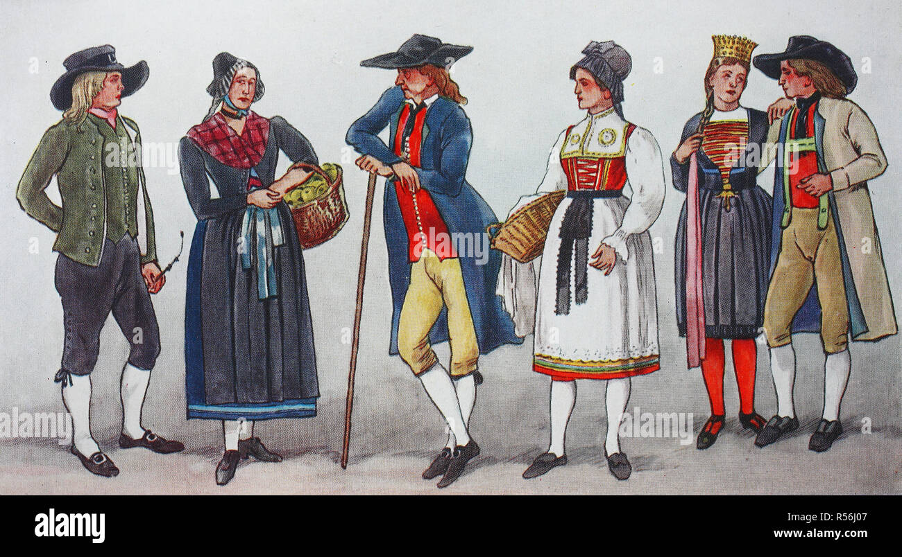 Menschen in traditionellen Kostümen, Mode, Kleidung in Deutschland, Württemberg, Illustration, Deutschland Stockfoto