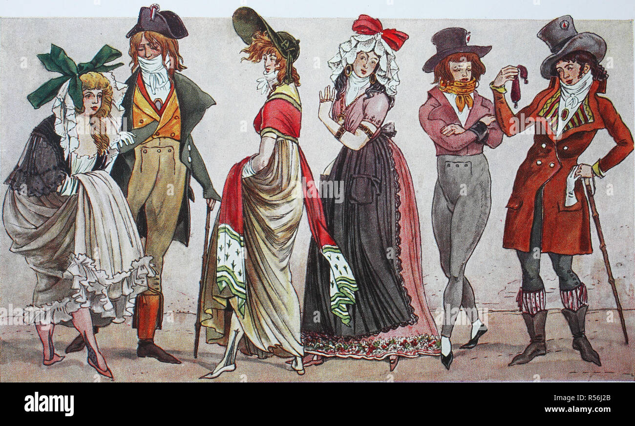 Mode, Kleidung, Frankreich, Pariser Kostüme, Directoire, Phase der Französischen Revolution, Illustration, Frankreich Stockfoto