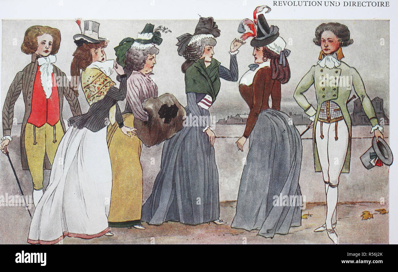 Mode, Kleidung, Frankreich, Pariser Kostüme in der Zeit der Revolution um 1790, Illustration, Frankreich Stockfoto