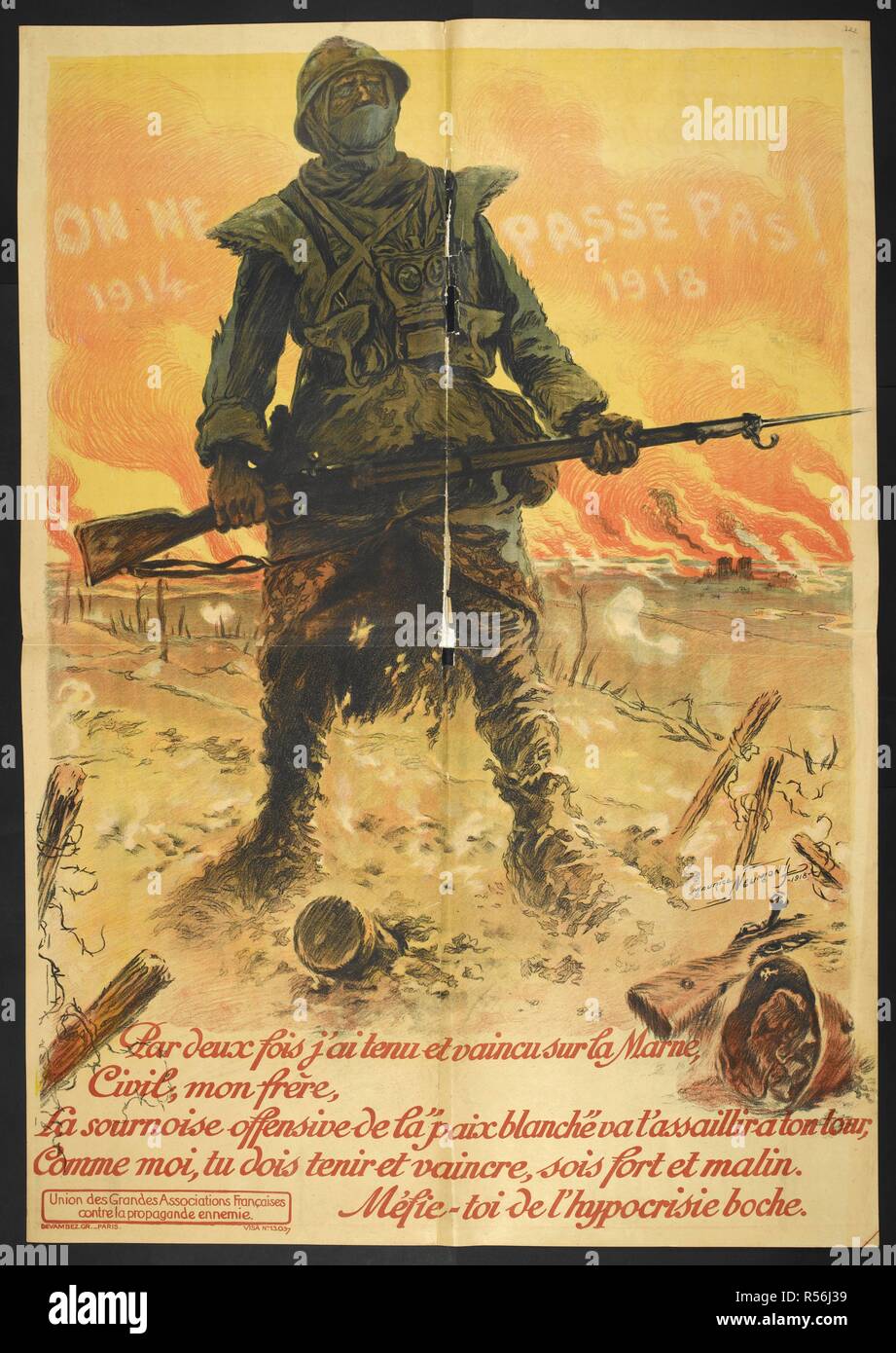 Plakat mit der Darstellung eines französischen Soldaten. Ein Vers bezieht sich auf den Fluss Marne, wo die erste Schlacht an der Marne gekämpft wurde, was zu einem Sieg der Alliierten gegen die deutsche Armee. Die Zweite Schlacht an der Marne im Jahr 1918, war auch ein Sieg der Alliierten. [Eine Sammlung von Englischen und Französischen Krieg (der Erste Weltkrieg) Poster.]. 1914-1919. Quelle: Tab. 11748. a. Poster 322. Stockfoto