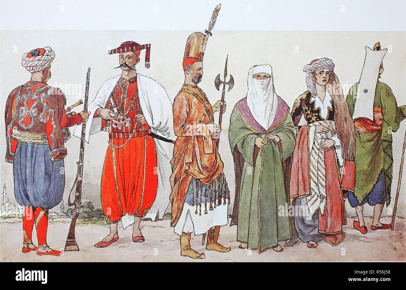 Mode, historische Kleider, Trachten in der Türkei von 1800, 1825, Soldaten und Frauen, Illustration, Türkei Stockfoto