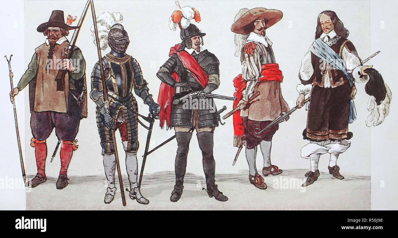 Mode, Kleidung in Europa, Krieg Kostüme des 30-jährigen Krieges von 1635-1650, Illustration, Deutschland Stockfoto