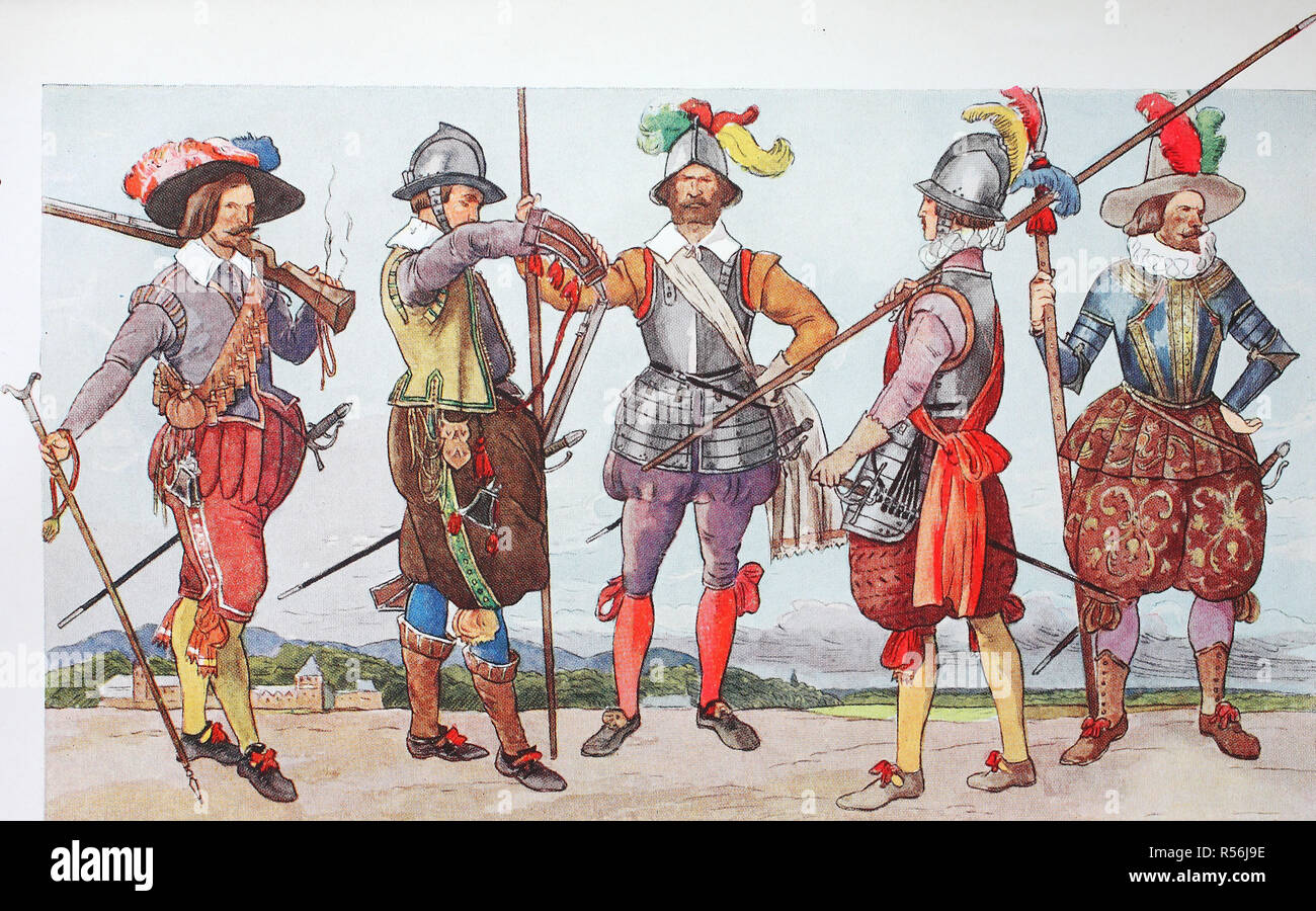 Mode, Kleidung in Europa, Krieg Kostüme des Dreißigjährigen Krieges, ca. 1600-1650, Illustration, Deutschland Stockfoto