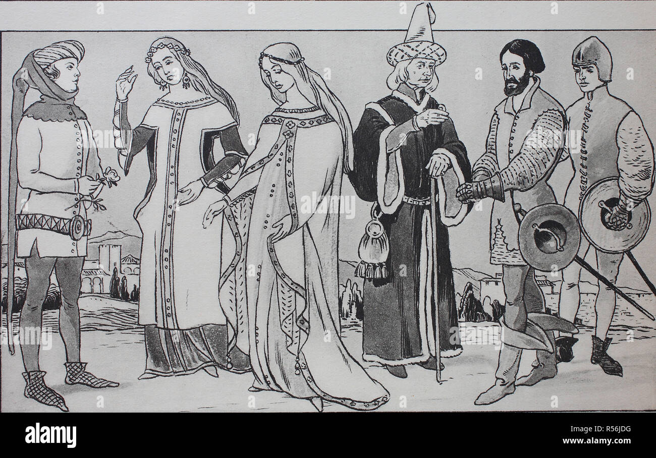 Mode, historische Kleidung in Spanien im Mittelalter, 13., 14. Jahrhundert, Illustration, Spanien Stockfoto