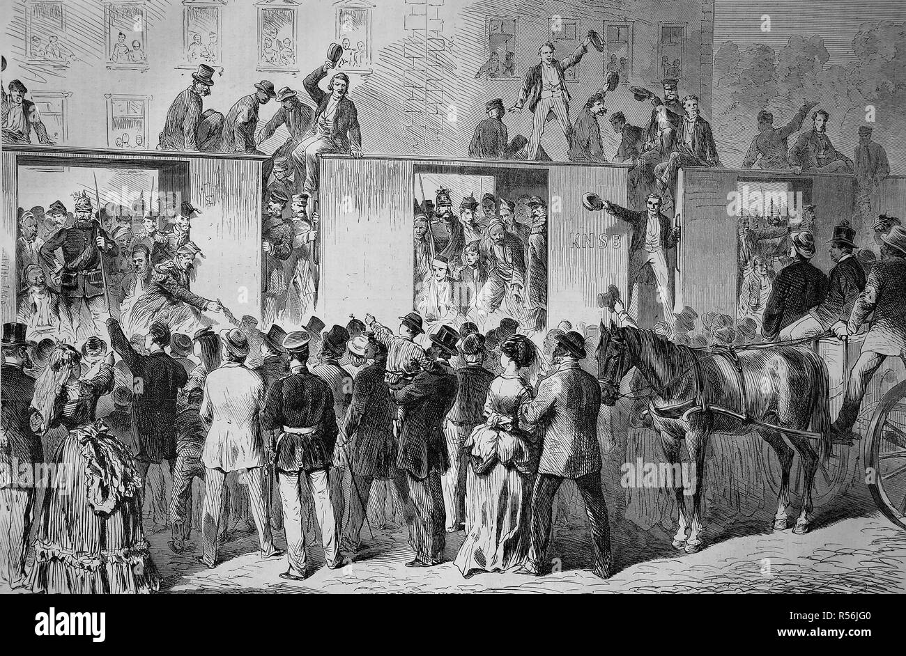 Ankunft der französischen Kriegsgefangenen in Berlin, deutsch-französische Krieg 1870/71, Holzschnitt, Deutschland Stockfoto