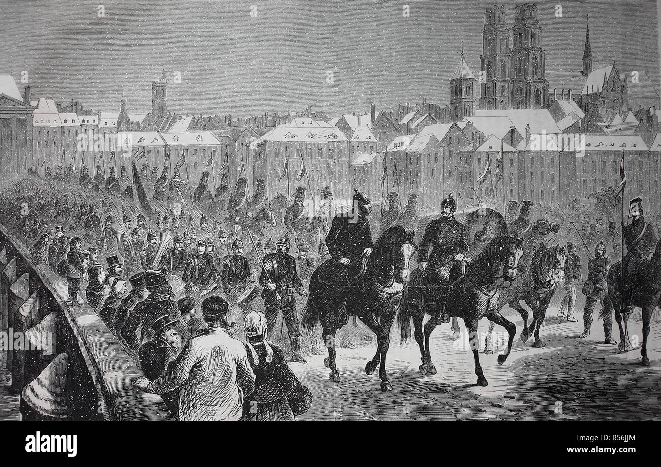 Deutsche Truppen über die Loire in Orleans Marching am 5. Dezember, Frankreich, Deutsch-französische Kampagne von 1870/1871, Holzschnitt, Frankreich Stockfoto
